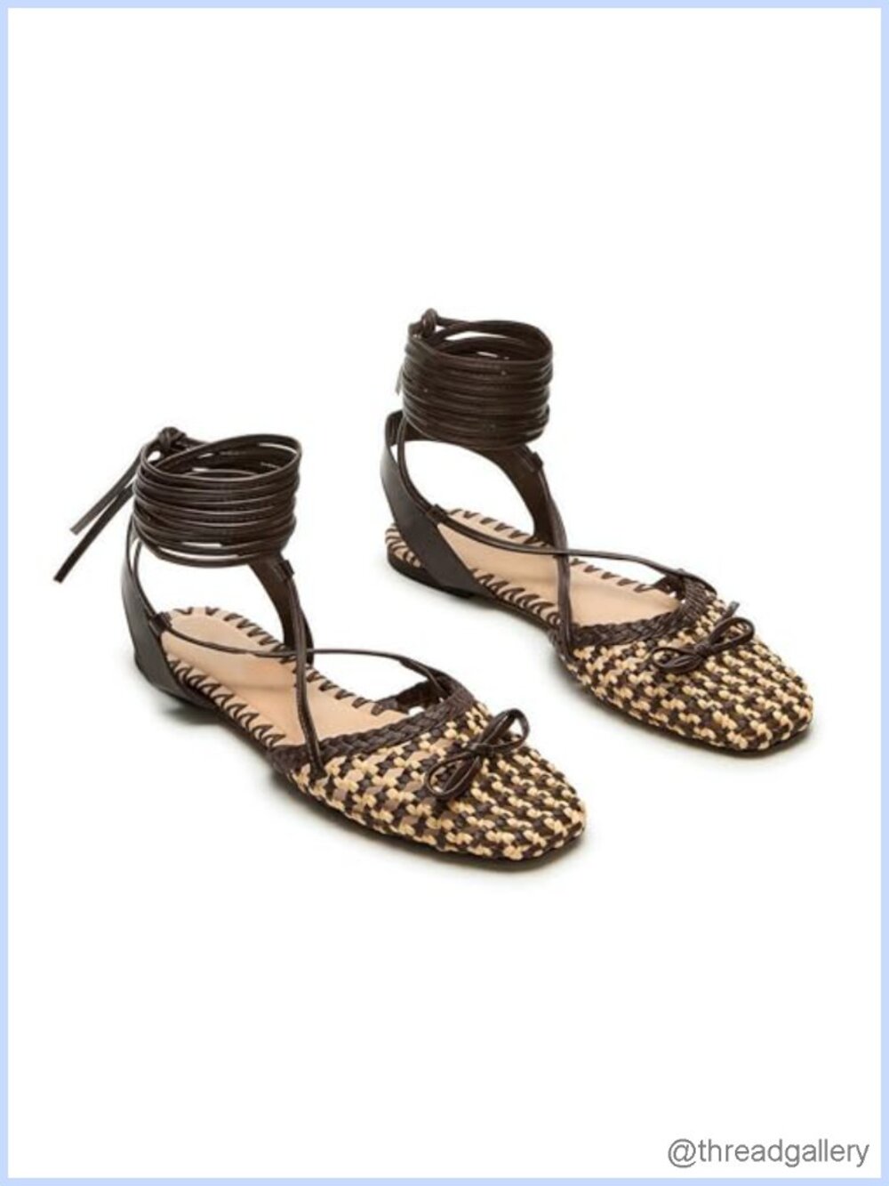 Woven Lace Up Ballet Flats Square Toe Raffia Faux Leather Summer Sandals